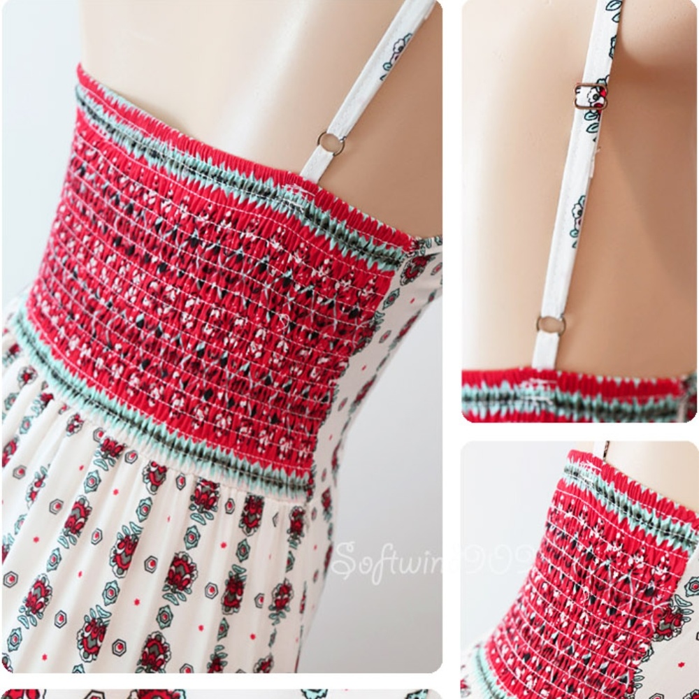 Last☝️Ivory Red Ethnic Button Slit Boho Maxi Dress - Picture 4 of 8